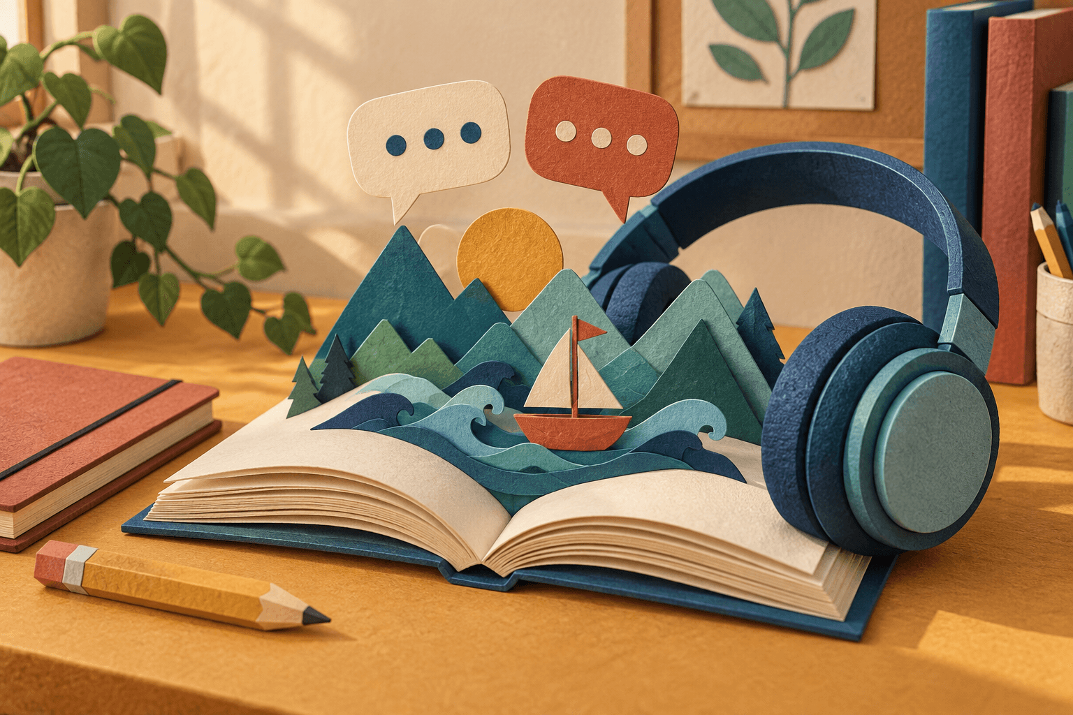 Paper headphones beside an open book, with a pop-up sailing scene and two speech bubbles.