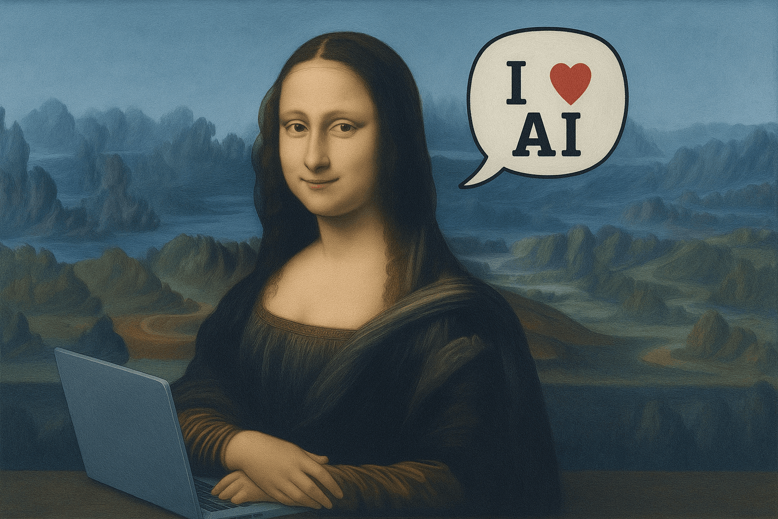 Mona Lisa loves AI with a laptop