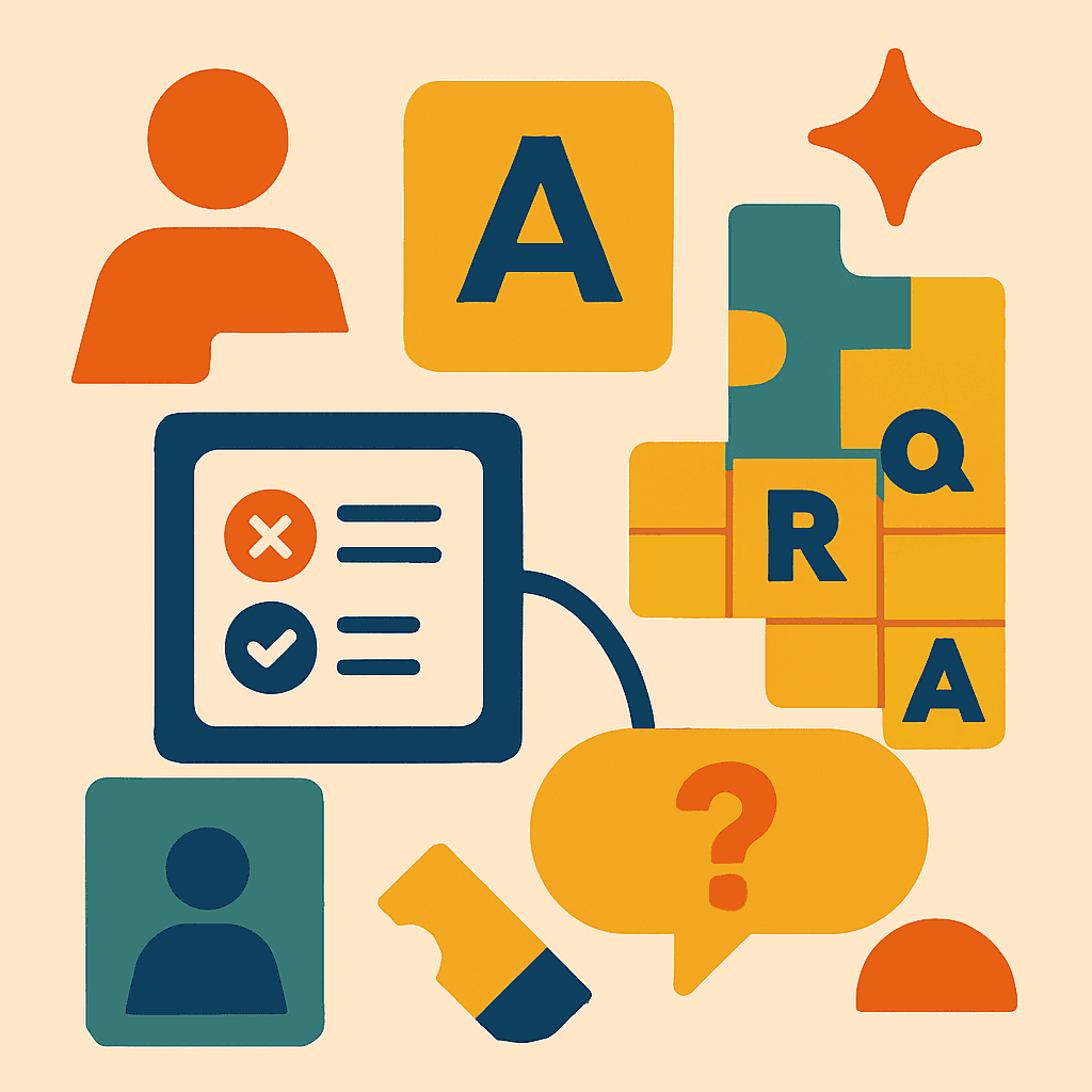 abstract elements of quizzes, crosswords and flashcards in class