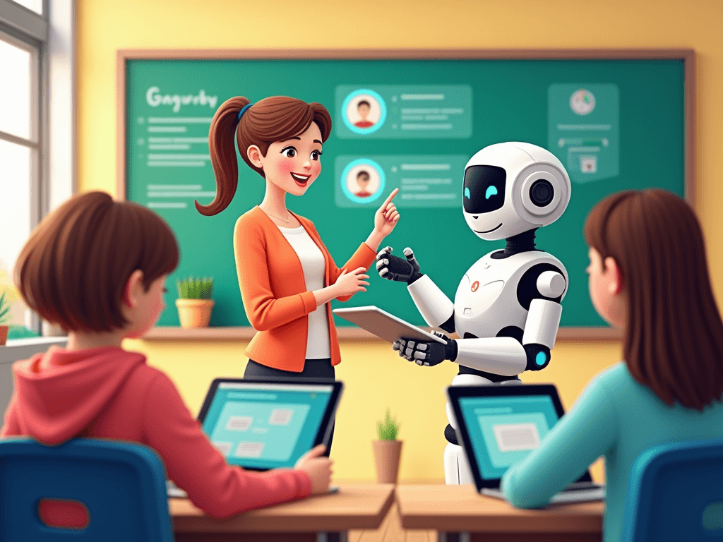 Teacher and robot interacting in the classroom