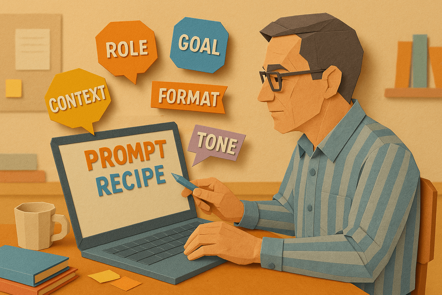 Origami image of a teacher building a good prompt recipe