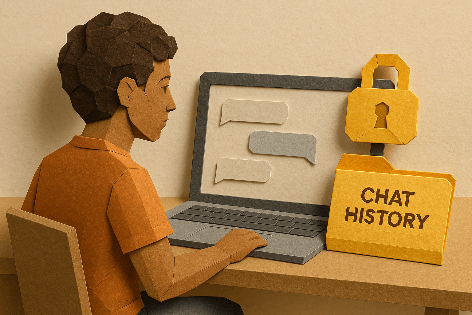 Illustration of a person in front of a computer, with a lock and the text "Chat history"